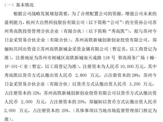 大自然全资孙公司秀高凯拟投资2800万设立苏州高铁新城金采贵金属有限公司持股28%(图1)