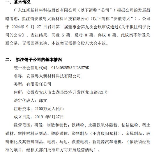 江顺新材拟注销安徽粤太新材料科技有限公司(图1)