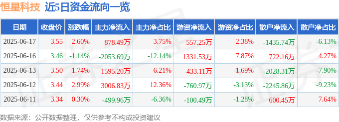 恒星科技（002132）6月17日主力资金净买入87849万