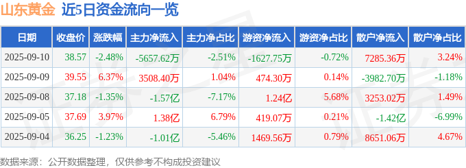 山东黄金（600547）9月10日主力资金净卖出565762万元(图1)