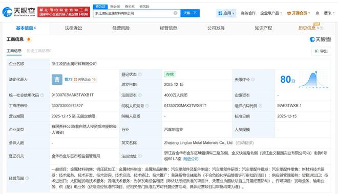 零跑汽车在浙江成立金属材料公司注册资本4000万(图1)