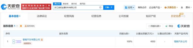 零跑汽车在浙江成立金属材料公司注册资本4000万(图2)